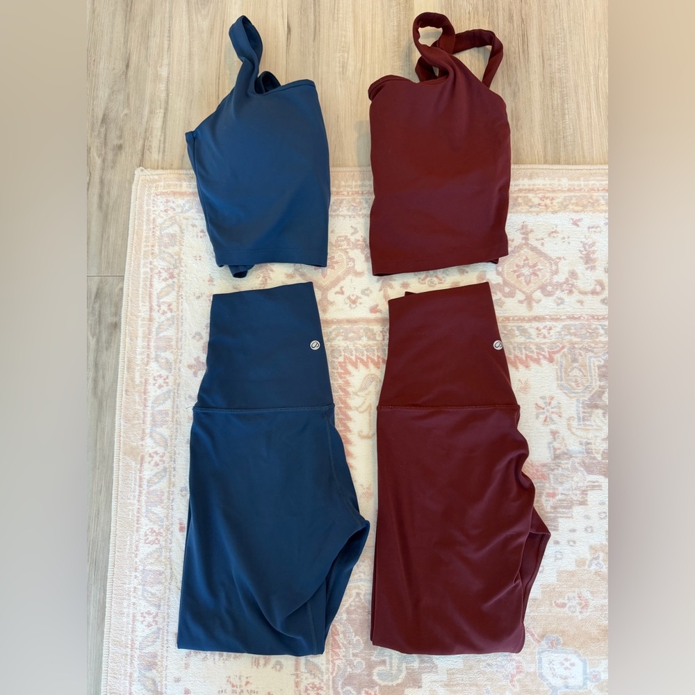 CRZ Yoga High Waisted Yoga Pants and Square Neck Crop Tops in Red Merlot & Blue
